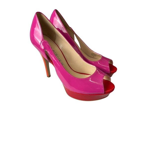 Marc Fisher Women Size 7.5 Pink Orange Patent Leather Pump Heels Shoes  Peep Toe - Picture 1 of 10